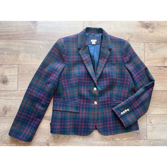 J.Crew Blazer Women’s 14 Blue Green Red Tartan Plaid Wool Blend Schoolboy Preppy - Picture 1 of 12